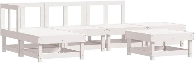6 Piece Patio Lounge Set White Solid Pine Wood Outdoor Furniture, Modular Garden Conversation Set with Ottoman Coffee Tables for Small Patio Balcony Porch