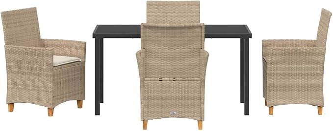5 Piece Garden Dining Set, Weather-Resistant Poly Rattan Patio Furniture with Glass Tabletop and 4 Chairs for Outdoor Backyard Deck, Beige