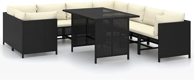 9-Pc Black PE Rattan Patio Set, Cream Cushions, 23.6"x23.6"x25.6", Sectional Sofa & Table, Outdoor Garden Balcony Pool Deck