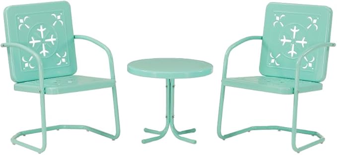 Crosley Furniture Azalea 3-Piece Vintage Outdoor Chair and Side Table Set, Retro Metal Patio Conversation Sets, Aqua Gloss