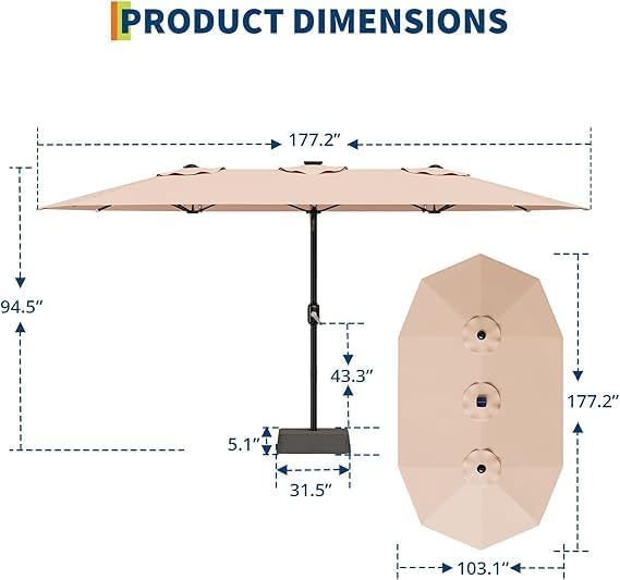 TrailBlaze 15FT Patio Umbrella With Base and Solar Lights, Outdoor Large Patio Double-Sided Market Umbrella With Crank Handle, UV Protection, for Lawn Deck Backyard Pool