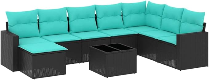 9 Piece Black PE Rattan Patio Sofa Set with Cushions & Glass Table 25.8"x24.4"x27.2" Modular Outdoor Sectional for Garden, Terrace, Deck