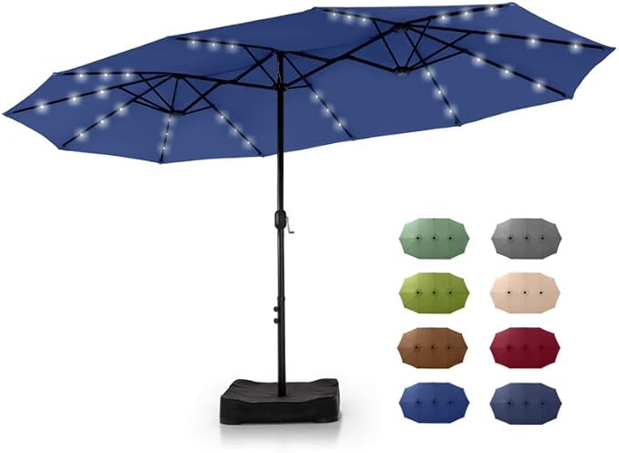 GREEN PARTY 15 ft Large Outdoor Patio Umbrella with Solar Led Lights & Base Included, Double-Sided Rectangular Table Umbrella with Stand, Market Umbrellas for Deck Poolside Garden Backyard, Haze Blue