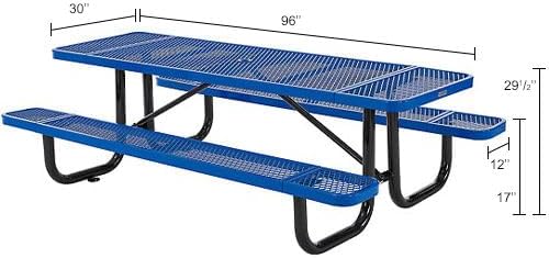 Global Industrial 8’L Rectangular Picnic Table, Expanded Metal, Blue Thermoplastic Coating, Attached Benches, 1-1/2” Umbrella Pole Hole, Outdoor-Rated, 1000 lb Capacity, 96” x 30” Tabletop