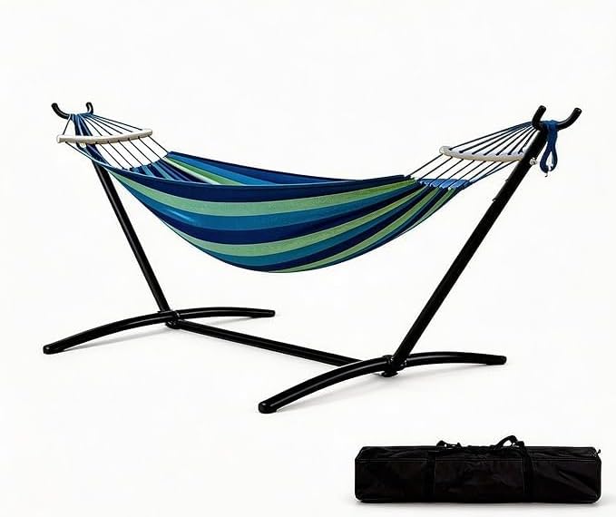 2-Person Outdoor Hammock with Durable Steel Stand – Heavy Duty 450 Lbs Capacity Portable Hammock with Carrying Bag, Double Hammock for Patio, Garden & Camping