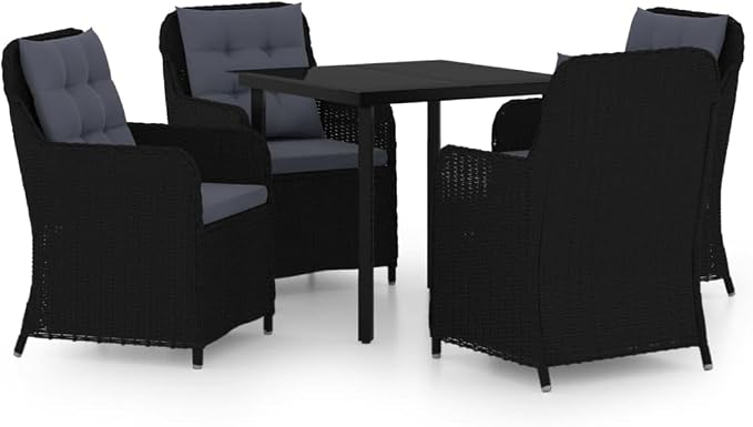 5 Piece Patio Dining Set Black with Cushions Outdoor Rattan Table and 4 Chairs for Garden Backyard Porch Steel Frame Glass Top Weather Resistant