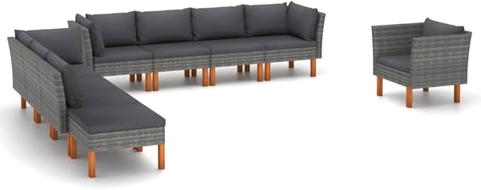 9 Piece Patio Lounge Set,Patio Sofa,Outdoor Daybed,Outdoor Couch,Patio Seating,Patio Conversation Sets,Outdoor Furniture Sets,for Backyard,Garden,Deck, Poly Rattan and Eucalyptus Wood Gray