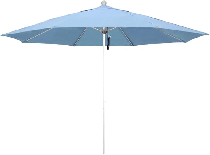 California Umbrella 11' Rd. Venture Series Contract Grade Patio Umbrella, Pulley Open, Silver Finish, Sunbrella Air Blue