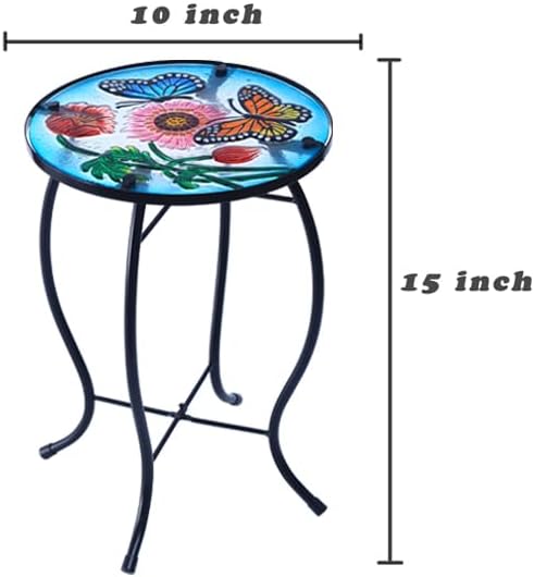 10 Inch Round Butterfly Glass Side Table, Patio Small Table, Outdoor Side Table, Outdoor Bar Table, Metal Glass End Table for Porch Garden Patio Pool Living Room