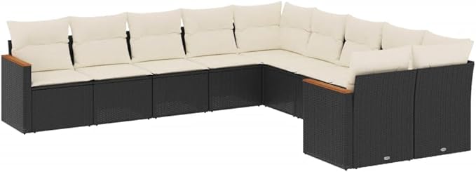 vidaXL Patio Sofa Set with Cushions 10 Piece, Outdoor Conversation Set, Sectional Sofa for Balcony Garden, Modern Style, Black Poly Rattan