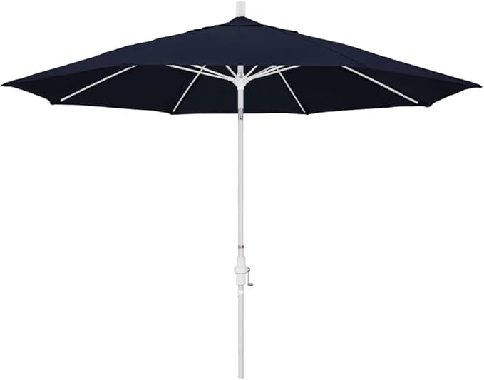 California Umbrella 11' Round Crank Lift, Collar Tilt, Aluminum Pole, Fiberglass Rib Patio Umbrella, White Finish, Navy Blue