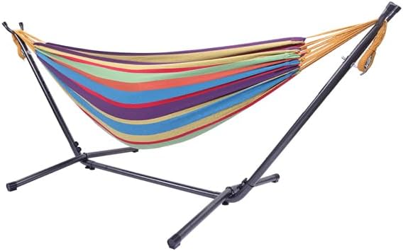 Double Portable Polyester Hammock with Strong Steel Stand for Camping, Backyard, Patio, Beach, and Garden Relaxation, 135Kg Load Capacity