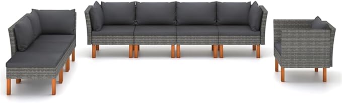 8 Piece Patio Lounge Set,Patio Sofa,Outdoor Daybed,Outdoor Couch,Patio Seating,Patio Conversation Sets,Outdoor Furniture Sets,for Backyard,Garden,Deck, Poly Rattan and Eucalyptus Wood Gray
