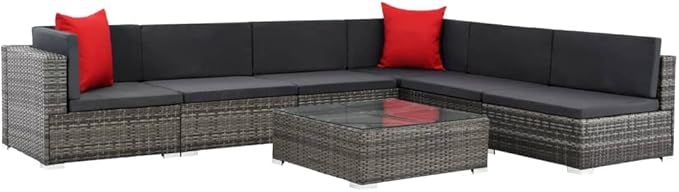 7 Piece Patio Lounge Set with Cushions, Outdoor Sofa Sets Patio Conversation Set Porch Furniture Set Sectional Sofa for Poolside Piazza Exhibition Negotiation Area Poly Rattan Gray