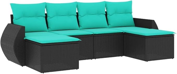 6 Piece Patio Sofa Set with Cushions, Garden Lounge Set Outdoor Dining Sets Patio Conversation Set Sectional Sofa for Garden Poolside Piazza Exhibition Black Poly Rattan