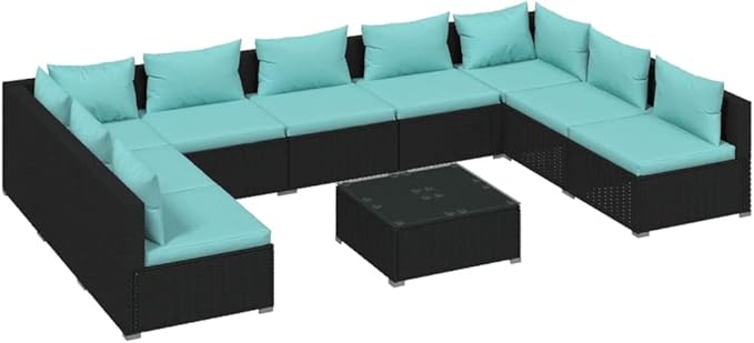 10 Piece Patio Lounge Set with Cushions Poly Rattan Black, Outdoor Dining Chairs, Outdoor Lounge Chairs, Outdoor Sofa Set, Furniture Conversation Set for Balcony, Yard
