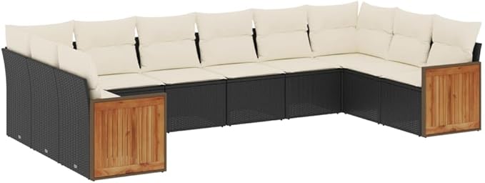 Garden Sofa Set Black PE Rattan Balcony Seating Group Patio Conversation Set for Decks 10 Piece Adjustable Feet