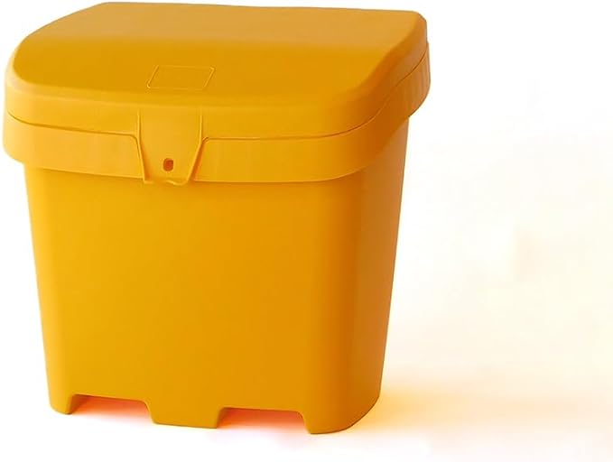 FCMP Outdoor 31-Gallon Salt & Sand Storage Bin, Yellow - Lockable Lid, Weather-Resistant UV-Resistant Plastic, Forklift Pockets, Deck Box for Patio & Garden