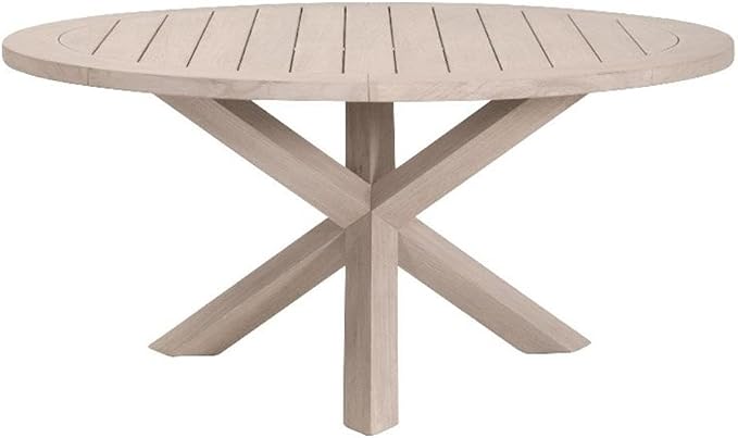 MAKLAINE 63" Round Outdoor Dining Table, Solid Teak Wood, Natural Finish, Slatted Picnic-Style Design, Seats Up to 5, Durable Multi-Step Finish, Spacious Patio Use