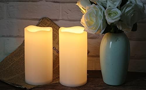 GenSwin 3” x 6 ” Outdoor Waterproof Flameless Pillar Candles with Timer, Battery Operated LED Flickering Warm Light for Outdoor Lantern, Set of 2