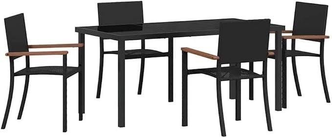 Afuera Living 5 Piece Poly Rattan Garden Dining Set, Black Finish, Powder-Coated Steel Frame with Acacia Wood Armrests, UV Resistant, Includes Seating for 4, Modern Outdoor Patio or Garden Furniture