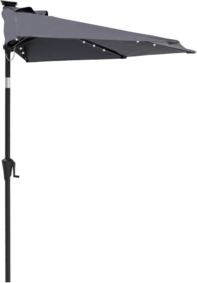 Helios&Hestia 9 ft Small Half Round Solar Powered Wall Outdoor Market Patio Umbrella with LED Lights and Tilt for Garden, Deck, Balcony