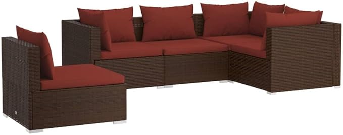5 Piece Patio Lounge Set with Cushion, Patio Lounge Set Furniture Conversation Sets Piece Patio Set Outdoor Patio Sectional s Poly Rattan Brown