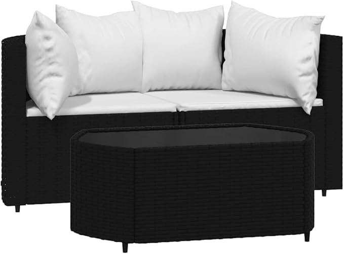 3 Piece Outdoor Patio Lounge Set Black Poly Rattan Modular Sectional Sofa with Coffee Table Weather-Resistant Cushions for Balcony Garden 8.2 x 12.1 x 4.6 in