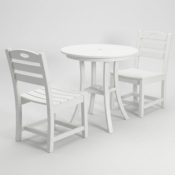 3-Piece Outdoor Round Table Set with Unberalla Hold, Patio Bistro Dining Set, Round Dining Table with 2 Slatted Chairs HDPE All Weather Balcony, Lawn, Poolside White