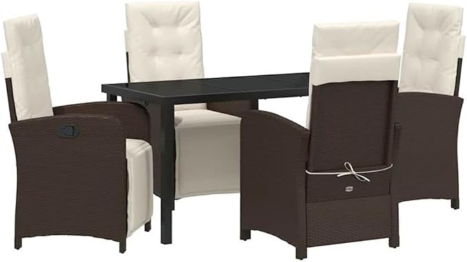 Afuera Living 5 Piece Poly Rattan Patio Dining Set, Brown Finish, Tempered Glass Top, Weather-Resistant, Ergonomic Cushions, Track Armrests, Sleek Design for Outdoor Garden or Patio Dining