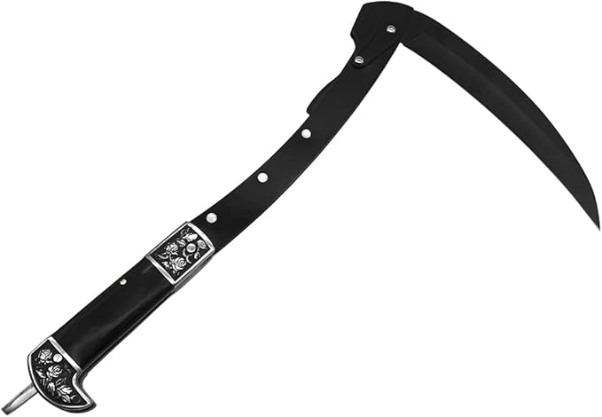 All-Black Sharp Edge Folding Scythe with Wooden Handle - Two Section Safety Sickle Knife for Grass Scythe and Grass Sickle, Foldable Garden Tool with Sheath