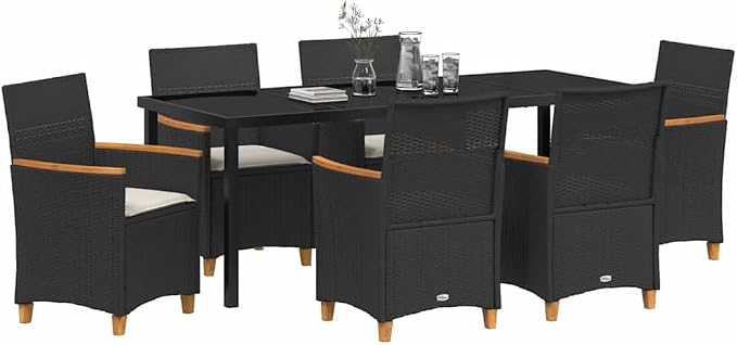 7-Piece Outdoor Dining Set, Black Poly Rattan Patio Furniture with 6 Chairs and Glass Tabletop for Garden, Backyard, and Terrace