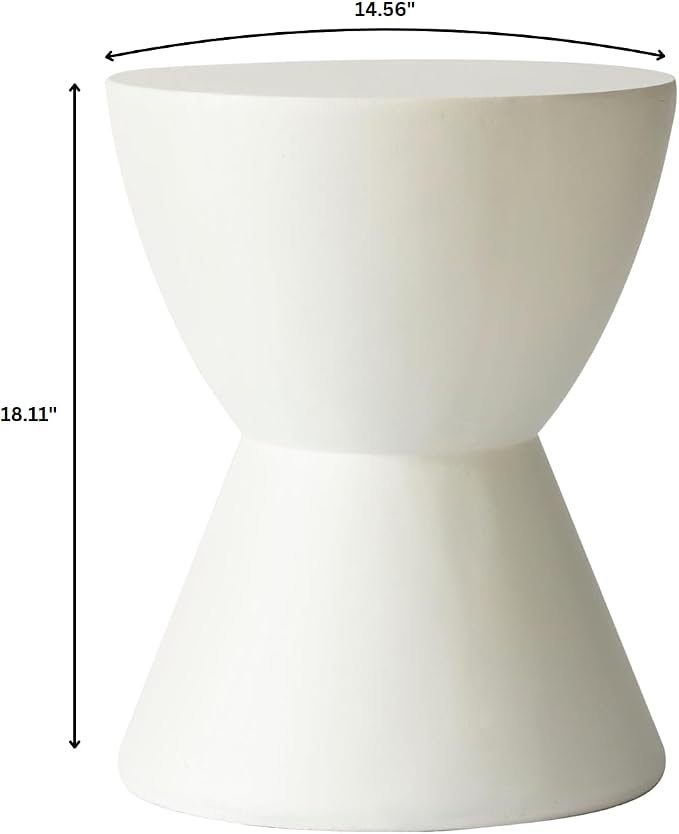LeisureMod Loft Series White Fiberstone Side Table - Modern Hourglass Round Pedestal - 18-inch Weather-Resistant Accent for Outdoor Patio and Indoor Living Room Decor