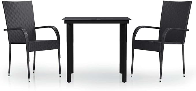 3 Piece Patio Dining Set Black Outdoor Furniture Set for Garden Yard with PE Rattan Chairs Glass Table Heavy Duty Powder Coated Steel Frame