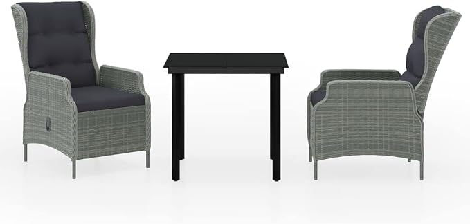 3 Piece Patio Dining Set Light Gray with Reclining Chairs, Outdoor Rattan Glass Table Set for Garden, Backyard, Balcony, Weather-Resistant Steel Frame, Removable Washable Cushion, Easy Assembly