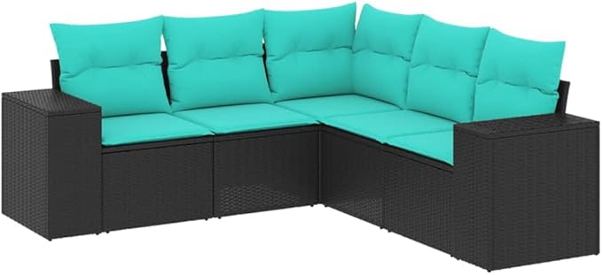 5 Piece Patio Sofa Set with Cushions, Patio Conversation Set Sectional Sofa Front Porch Furniture Outdoor Sofa Sets for Negotiation Area Poolside Piazza Exhibition Black Poly Rattan