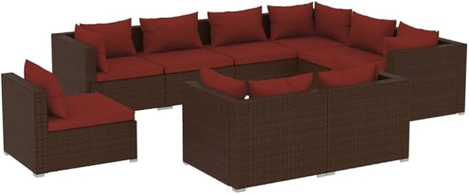 9 Piece Patio Lounge Set with Cushion, Furniture Conversation Sets Patio Lounge Set Outdoor Patio Sectional Piece Patio Set s Poly Rattan Brown