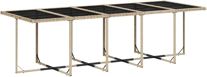 11 Piece Patio Dining Set with Cushions Beige Poly Rattan Outdoor Table and Chairs for Garden Backyard, Space-Saving Foldable, UV-Proof, Tempered Glass Top, Comfortable Seating, 242.5 lb Capacity