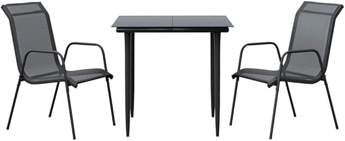 Afuera Living 3 Piece Steel Garden Dining Set, Black Powder-Coated Frame, Tempered Glass Tabletop, Anthracite Textilene Seats, Ergonomic Compact Outdoor Patio or Balcony Furniture for 2 People