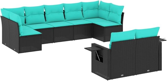 9 Piece Patio Sofa Set with Cushions, Patio Conversation Set Outdoor Dining Sets Garden Lounge Set Front Porch Furniture for Piazza Poolside Exhibition Garden Black Poly Rattan