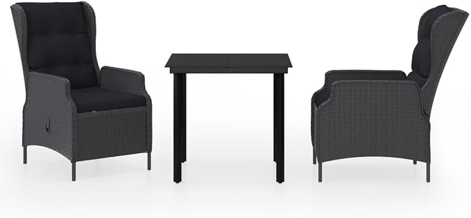 3 Piece Patio Dining Set Dark Gray Outdoor Furniture with Adjustable Reclining Chairs, PE Rattan Steel Frame, Glass Table for Garden Backyard Deck Entertaining