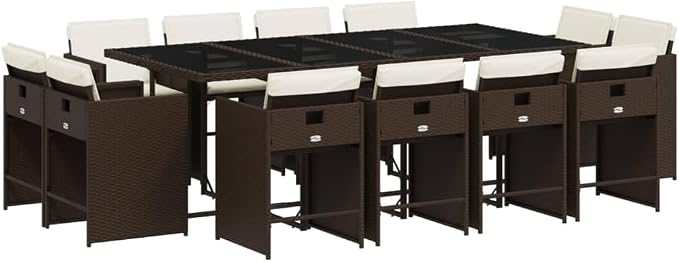 13 Piece Patio Dining Set with Cushions Brown Poly Rattan Outdoor Furniture for 12 People, Folding Chairs, Glass Table, UV-Proof Garden Dining Set for Backyard, Lawn, Porch, Easy Assembly
