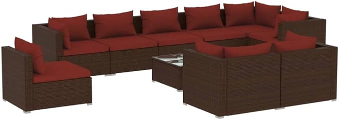10 Piece Patio Lounge Set with Cushion, Patio Lounge Set Furniture Conversation Sets Outdoor Patio Sectional Piece Patio Set s Poly Rattan Brown