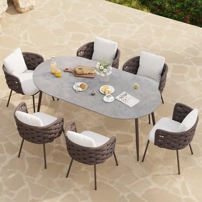 7-Piece Outdoor Dining Set - 70.9'' Sintered Stone Top Dining Table with 6 Rope Woven Armchairs, Aluminum Frame, and Cushions for Patio, Garden, and Outdoor Dining