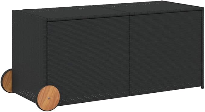 74.8 Gal Outdoor Storage Box with Wheels, Patio Rattan Deck Box, Wicker Garden Storage Bin Deck Box, Poly Rattan Patio Storage Chest with Hinged Lid, 50"x21.7"x22"/23.4" Black