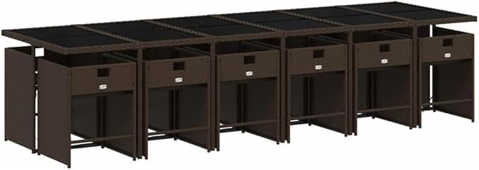 Afuera Living Contemporary 13-Piece Rattan Patio Dining Set, Brown Finish, UV-Resistant PE Rattan, Tempered Glass Top, Foldable Seating, Steel Frame, High-Back Cushions, 12-Seater Outdoor Garden