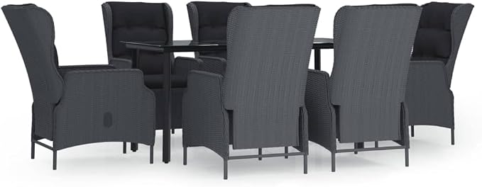 7 Piece Patio Dining Set with Dark Gray Poly Rattan, Tempered Glass Table and Adjustable Backrest Chairs for Outdoor Garden