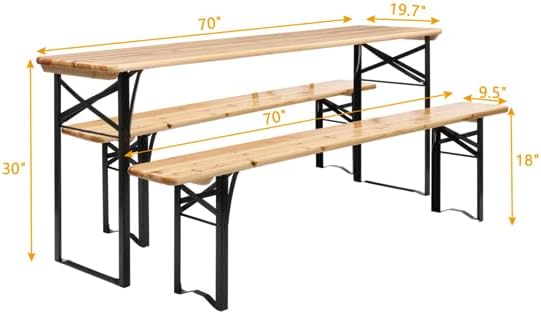 5.8FT Outdoor Dining Table and Bench Set, Set of 3, Portable Folding Picnic Tables and Chair, 3-Piece Patio Dining Set, Wood Outdoor 3-Piece Patio Counter Table Set with 2 Benches