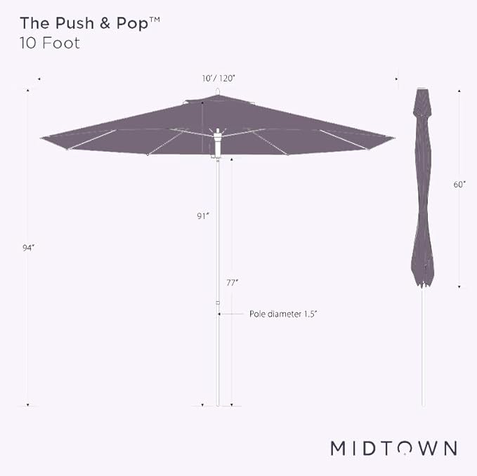 Midtown Umbrellas Push & Pop 10 Ft Patio Umbrellas with Push & Pop Mechanism, Fiberglass Ribs & Sunbrella Fabric – Outdoor Umbrella for Deck, Pool, Cafés and Hotels – Bay Brown Canopy, Black Pole