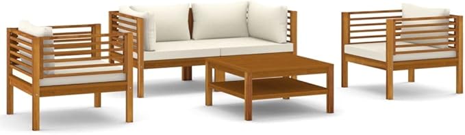 Patio Lounge Set with Cream Cushion,Patio Furniture Sets,Patio Conversation Sets,Outdoor Furniture Sets,for Garden,Backyard,Outdoor,5 Piece Solid Acacia Wood